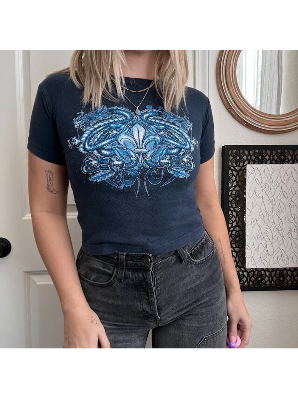 Vintage Y2K Top Heavy Skater Grunge Navy Blue Dragon Tattoo Style Graphic Baby T